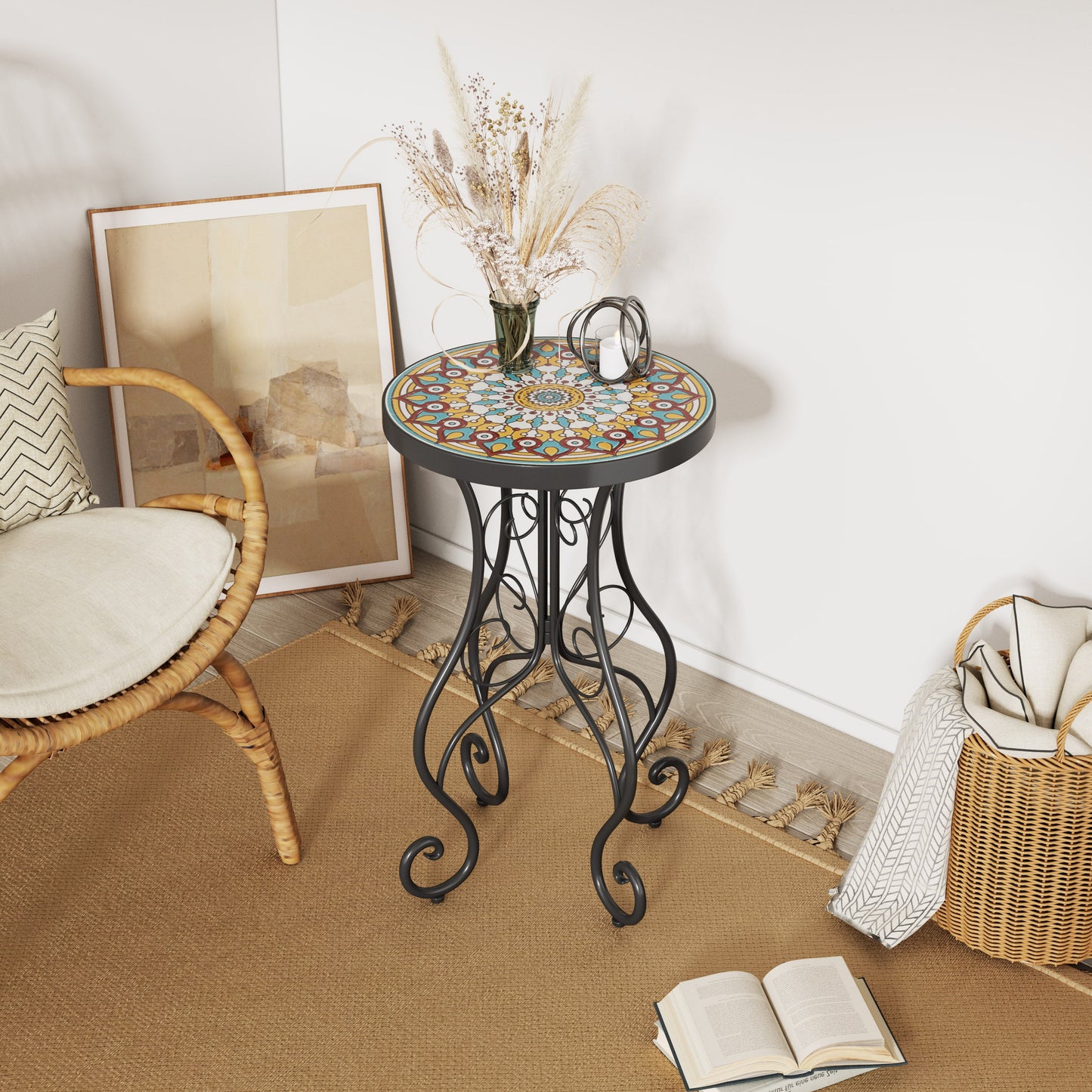 Round Ceramic Outdoor Side Table, Colorful + Black