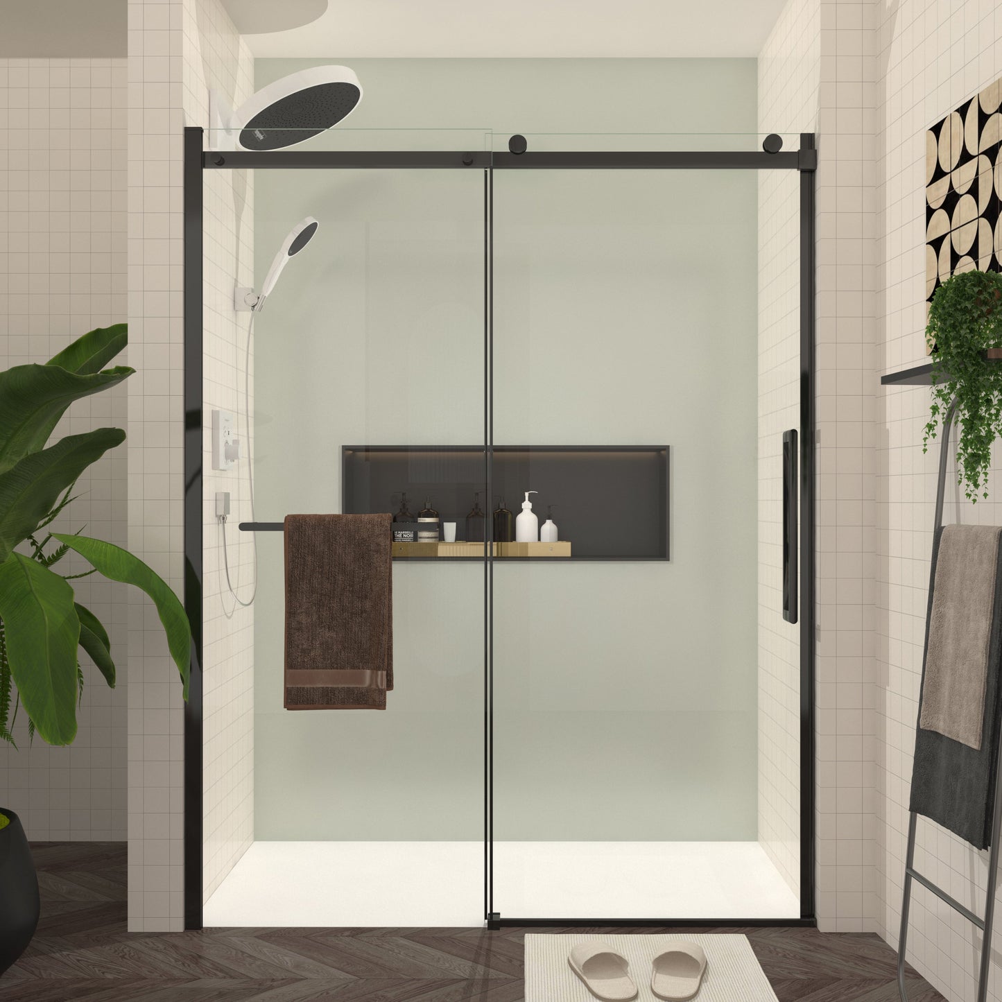 S-RM6076TB 56-60"W x 76"H Sliding Shower Door, 8mm Frameless Glass Shower Door with Matte