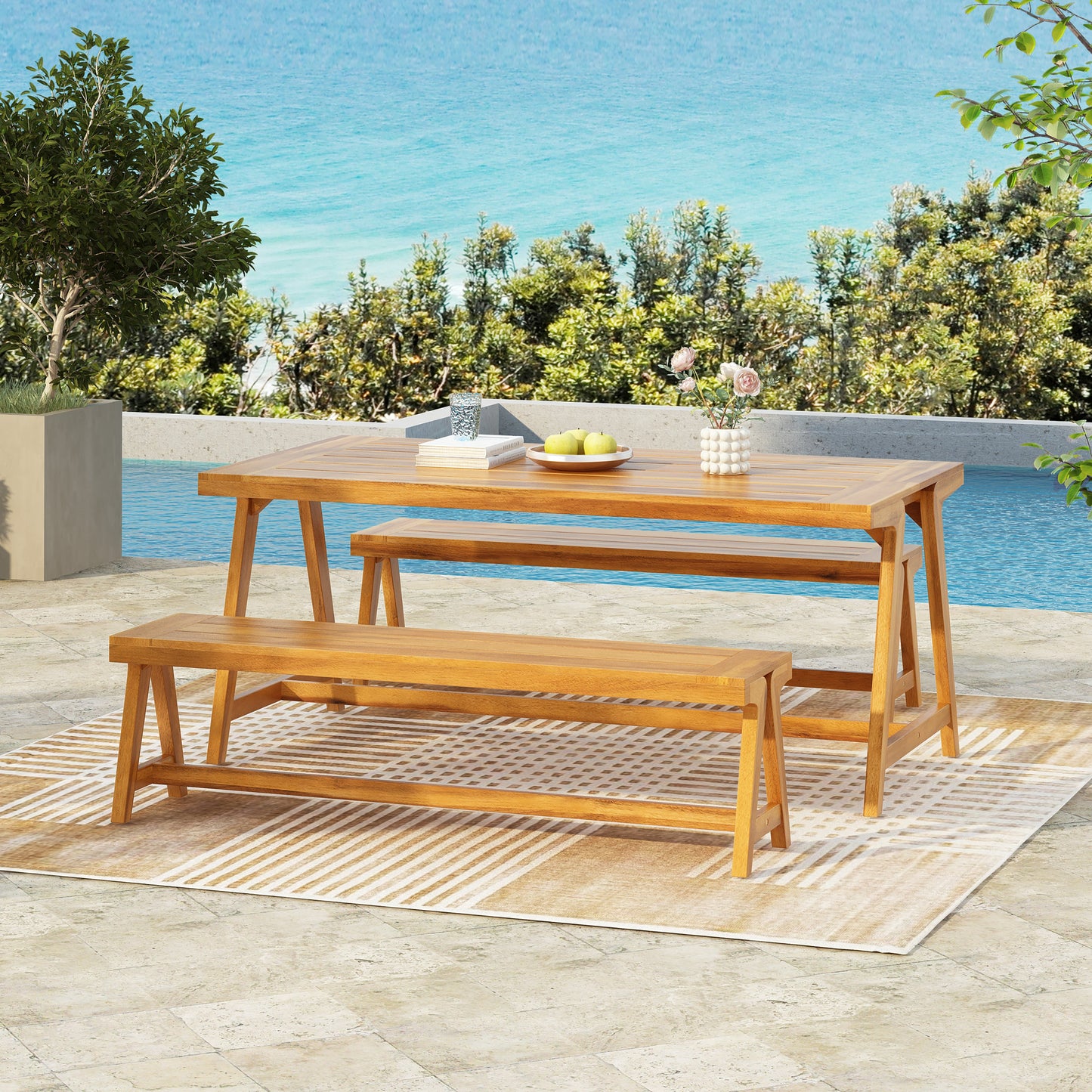 Outdoor 3-Piece Picnic Table Set in Acacia Wood