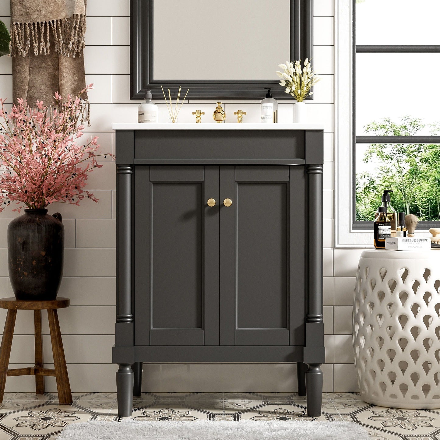 Bathroom Vanity With Top Sink, 2 Tier Storage Cabinet