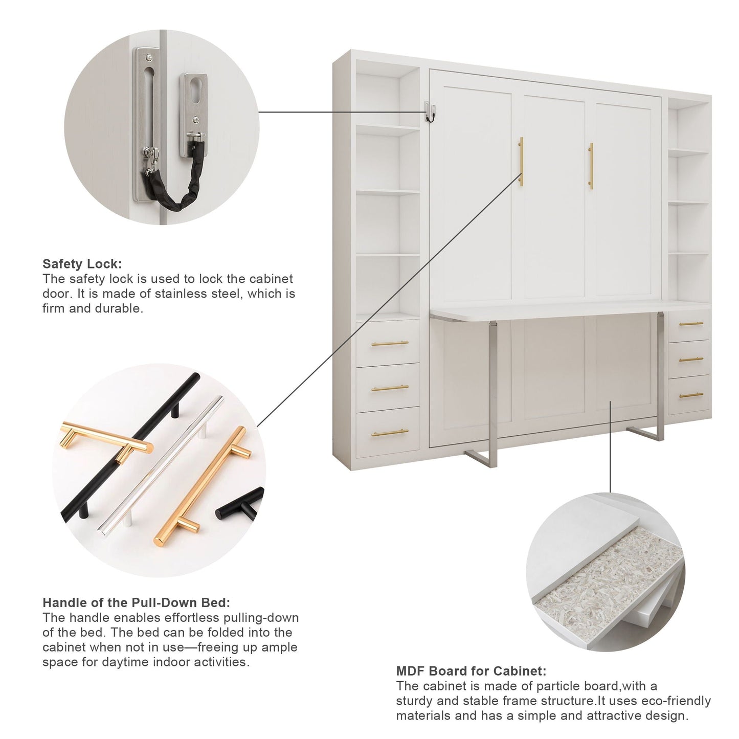 Queen Size Murphy Wall Bed With Side Storage Cabinets - White