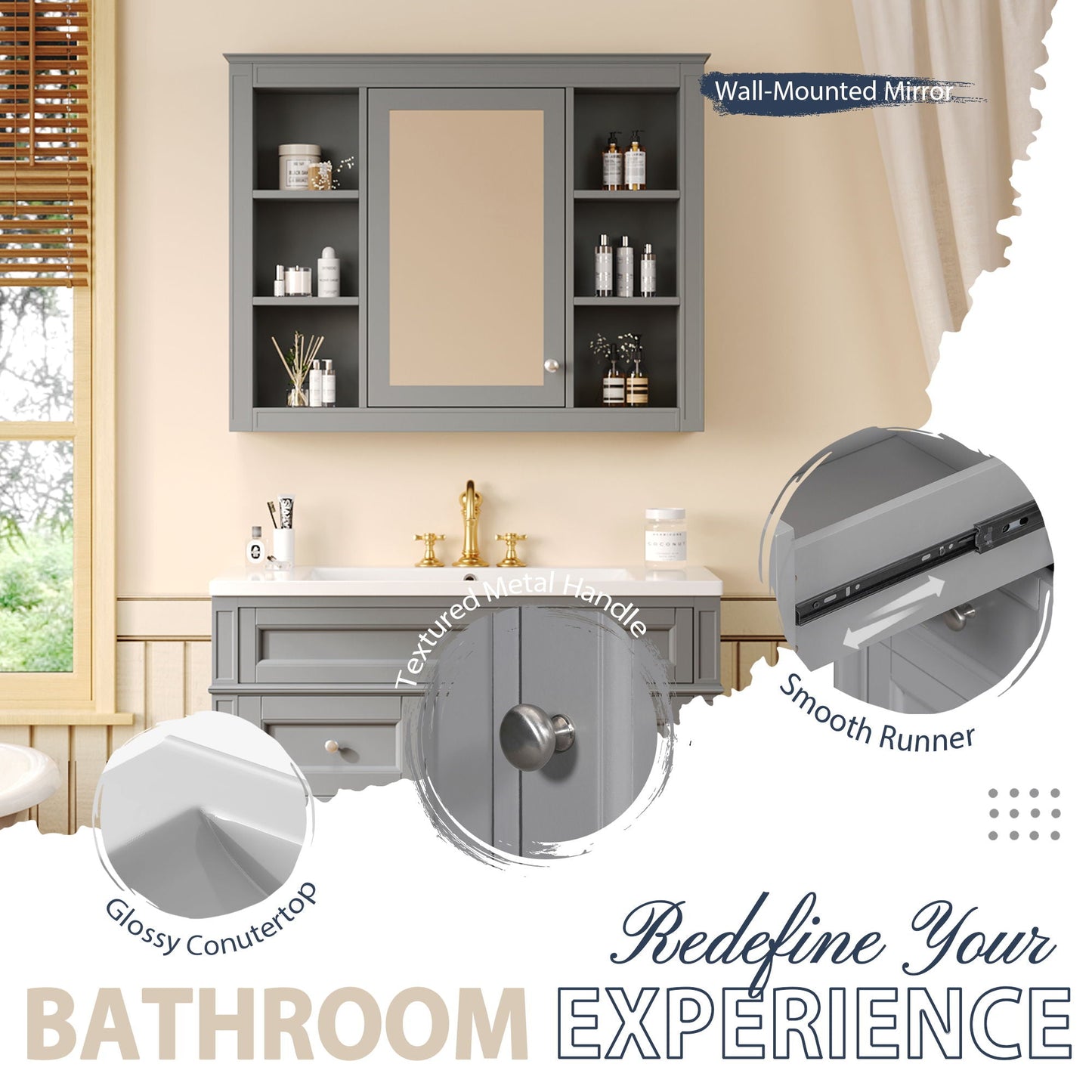 Bathroom Vanity With Mirror Cabinet, Single Sink With 2 Soft Closing Doors And 4 Drawers