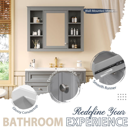 Bathroom Vanity With Mirror Cabinet, Single Sink With 2 Soft Closing Doors And 4 Drawers