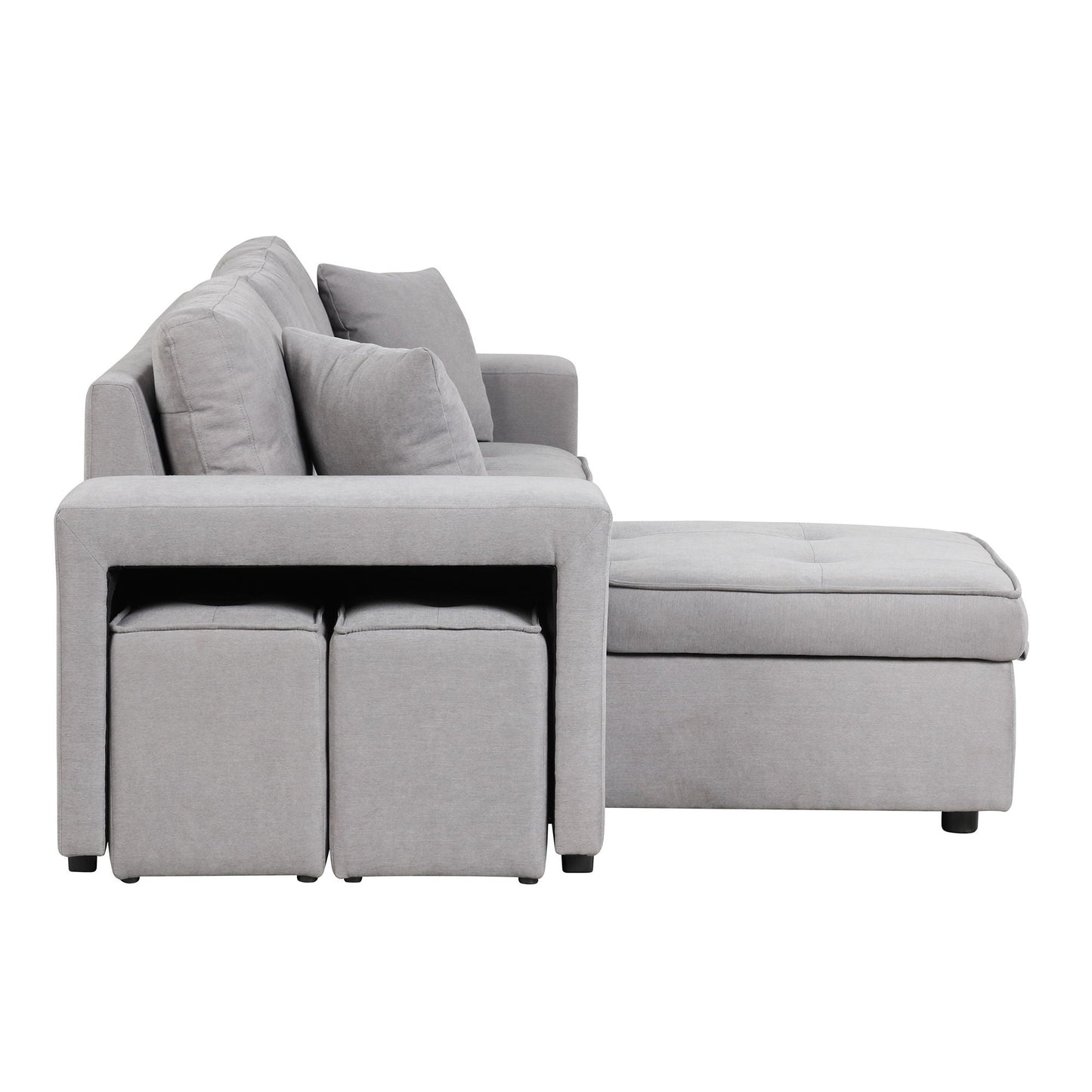 Modern L-Shape 3 Seat Reversible Sectional Couch, Pull Out Sleeper Sofa With Storage Chaise And 2 Stools For Living Room Furniture Set