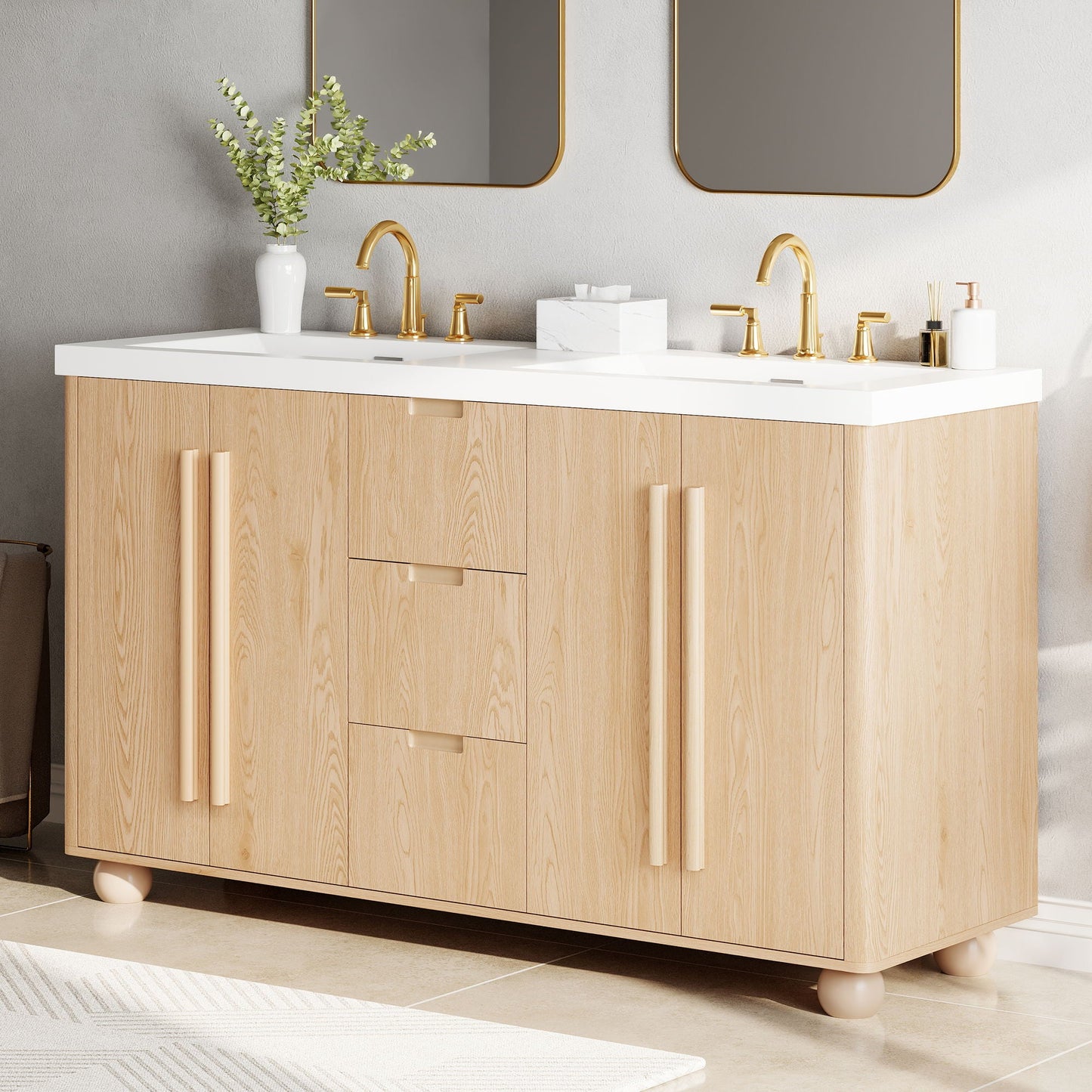 Double Sink Bathroom Vanity With Sinks, Soft Close Doors & 3 Drawers - Wood