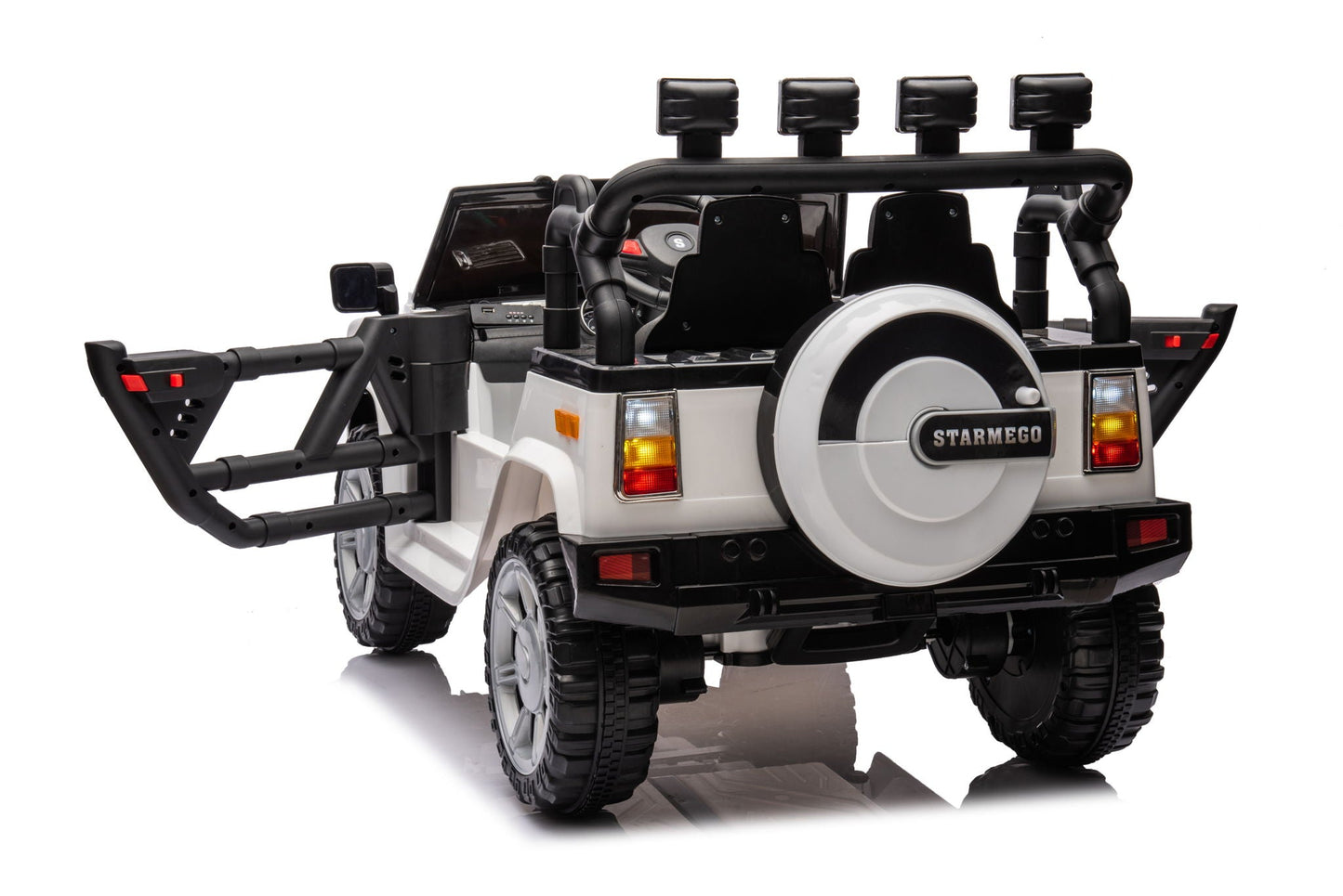 12V7A 30W*2 Four-Wheel Drive Seat One Button Start, Forward And Backward, High And Low Speed, Music, Front Light, Power Display, Two Doors Can Open, 2.4G R / C, Seat Belt Four Wheel Absorber
