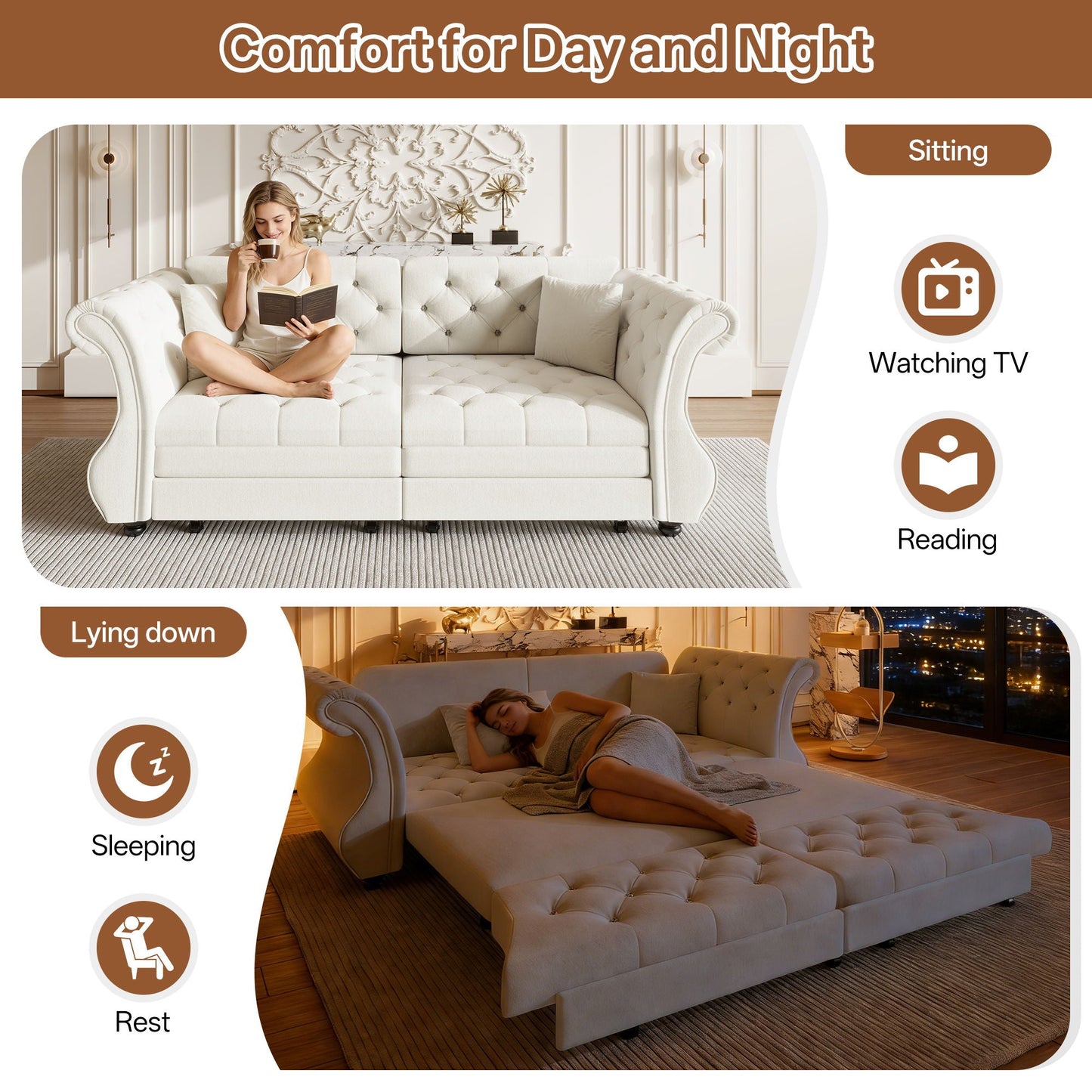 Oversized Chesterfield Pull Out Sofa Bed, Roll Arm Couch With Flower Tufting For Living Room