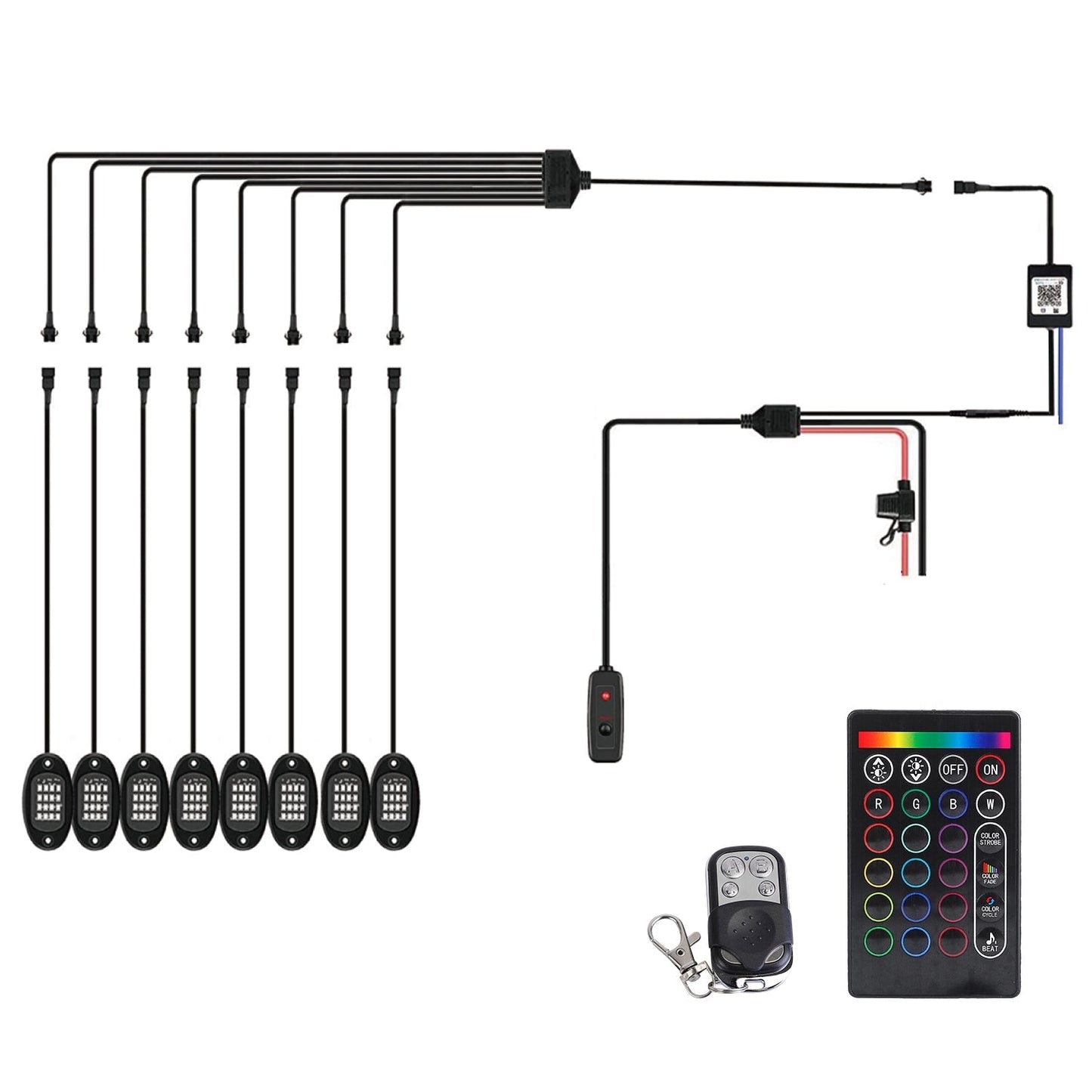 8 Pods RGB LED Rock LightsÊDC12V Car Neon Light Kit IP68 Waterproof Underglow Lights with Double Remote Controls Wireless APP ControlÊfor Jeep Truck U