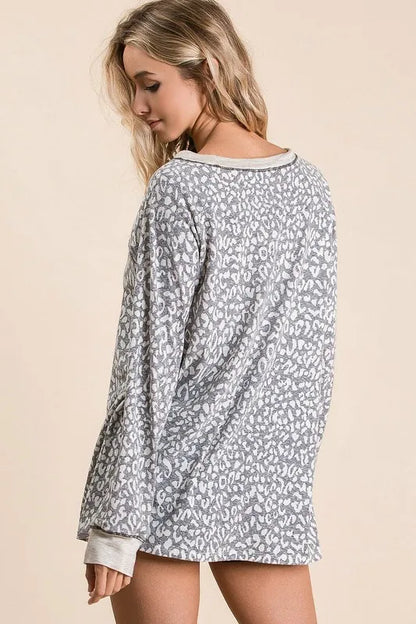 BiBi Leopard Round Neck Long Sleeve T-Shirt