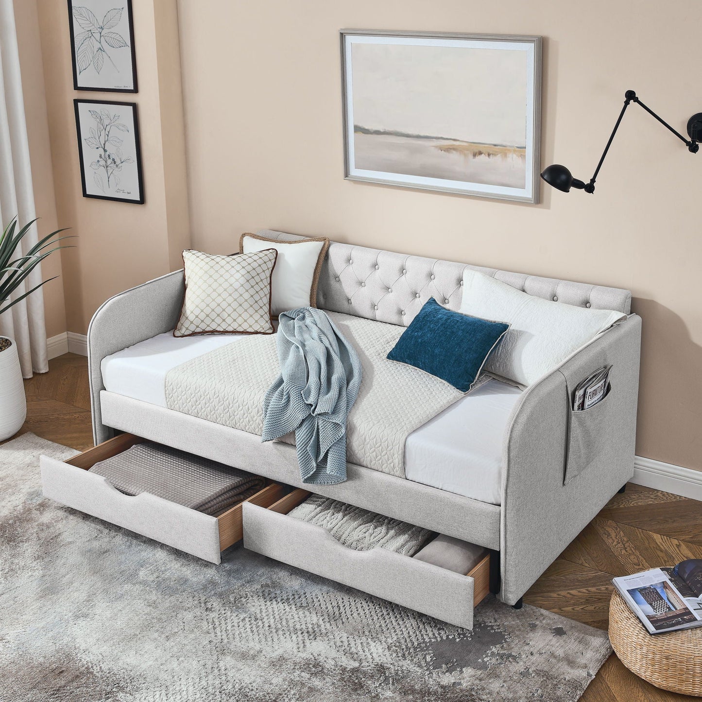 Daybed With Trundle And Storage Drawers, Flat Arms With Pocket