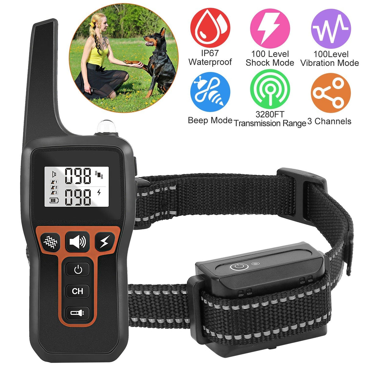 3280FT Dog Training Collar IP67 Waterproof Pet Beep Vibration Electric Shock Collar 3 Channels Rechargeable Transmitter Receiver Trainer with Flashlig