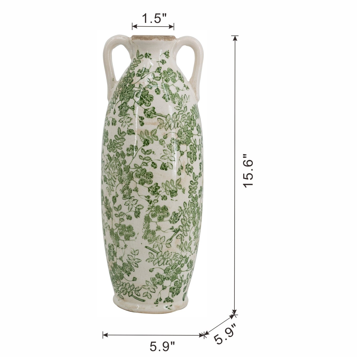 5.9x5.9x15.6' White Ceramic Flower Vase with Green Floral Pattern and Small Handles