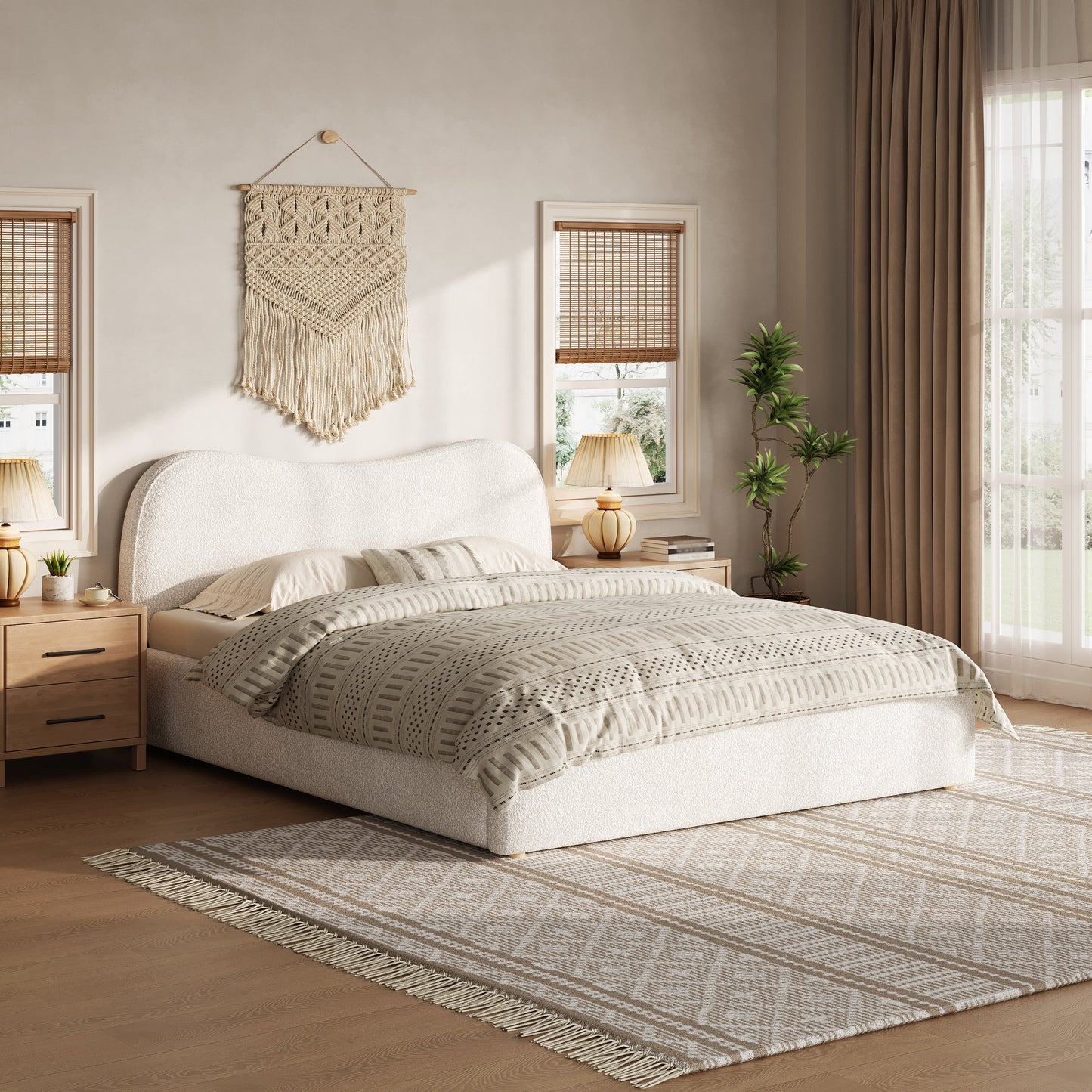 King Size Upholstered Platform Bed with Wooden Slats