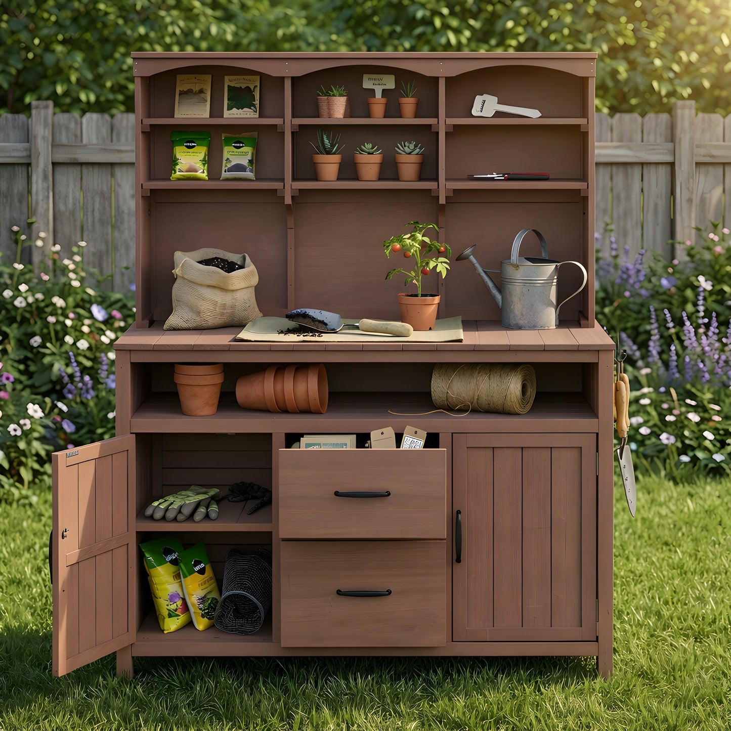 TOPMAX Large Fir Wood Potting Bench with Hutch and Storage