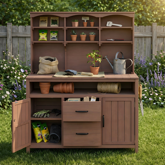 TOPMAX Large Fir Wood Potting Bench with Hutch and Storage
