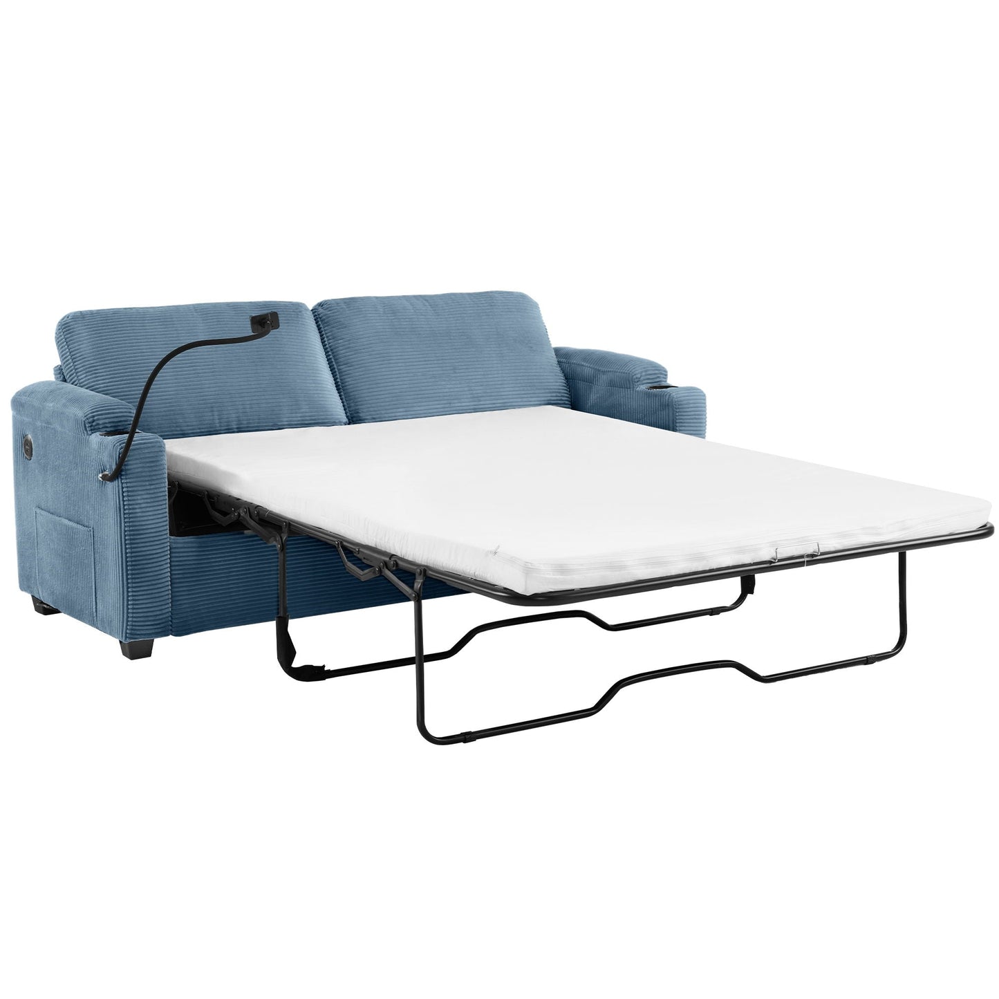 Sleeper Sofa Loveseat Sofa With Full Size Mattress, 2 USB Ports, 2 Cup Holders, 2 Side Pockets And Phone Holder