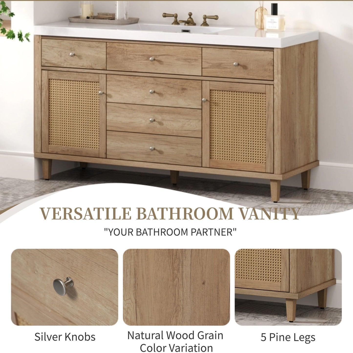 Bathroom Vanity With Sink, 5 Legs, Soft Close Drawers