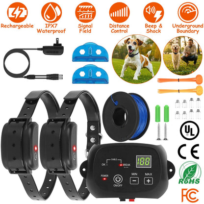 Dog Fence System Pet Containment System with 100 Adjustable Levels 2 Receivers IPX7 Waterproof Rechargeable Underground Fence for Small Medium Large D