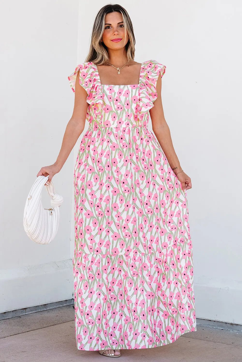 Maxi Dress - Floral Ruffled Straps - Vacation & Wedding
