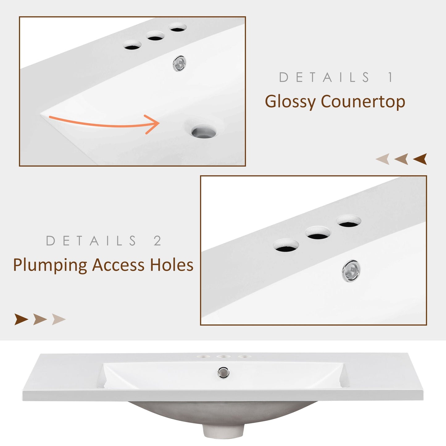 Single Bathroom Basin Sink, Vanity Top Only With 3 Faucet Holes