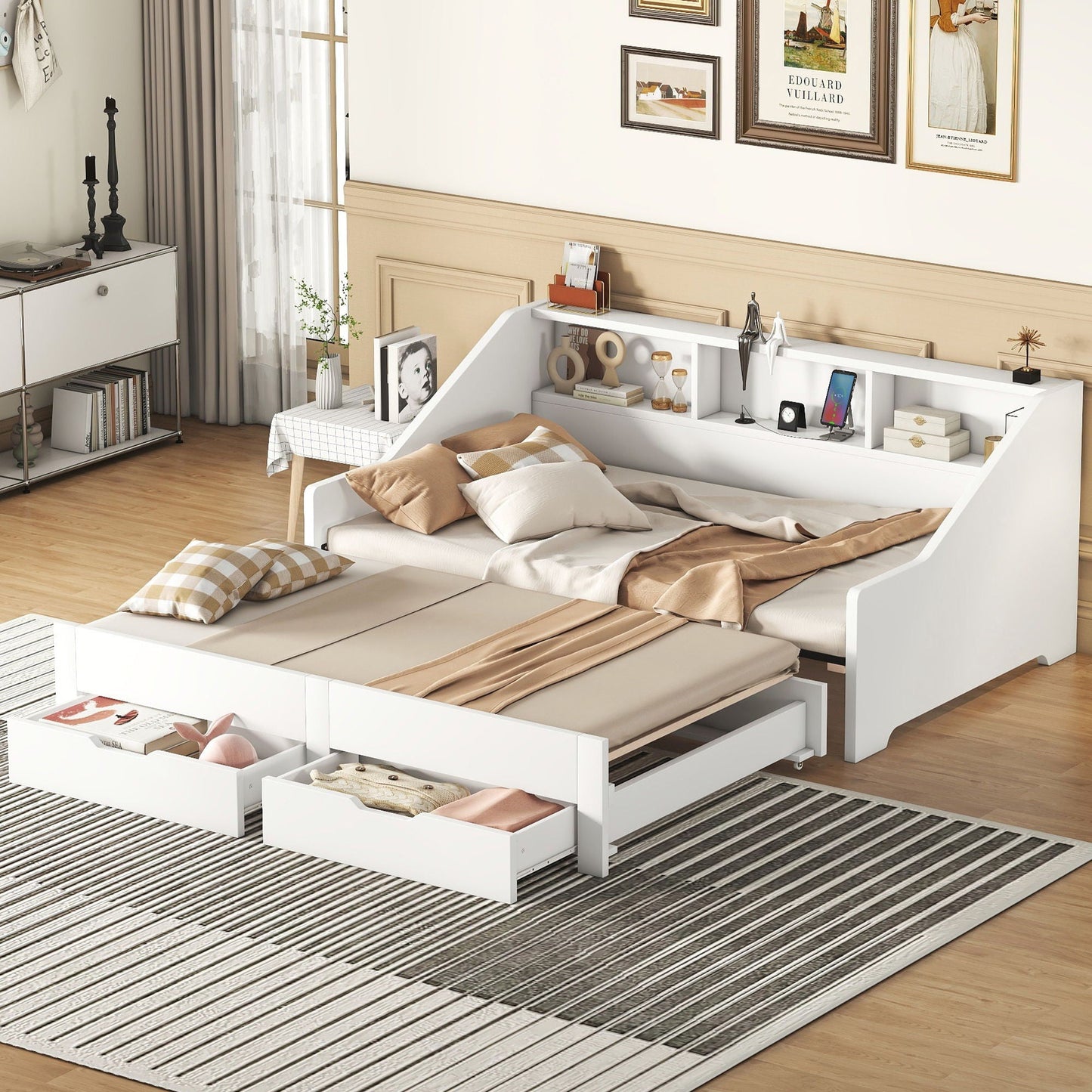 Daybed Frame With Storage Bookcases, 2 Drawers, Charging Station
