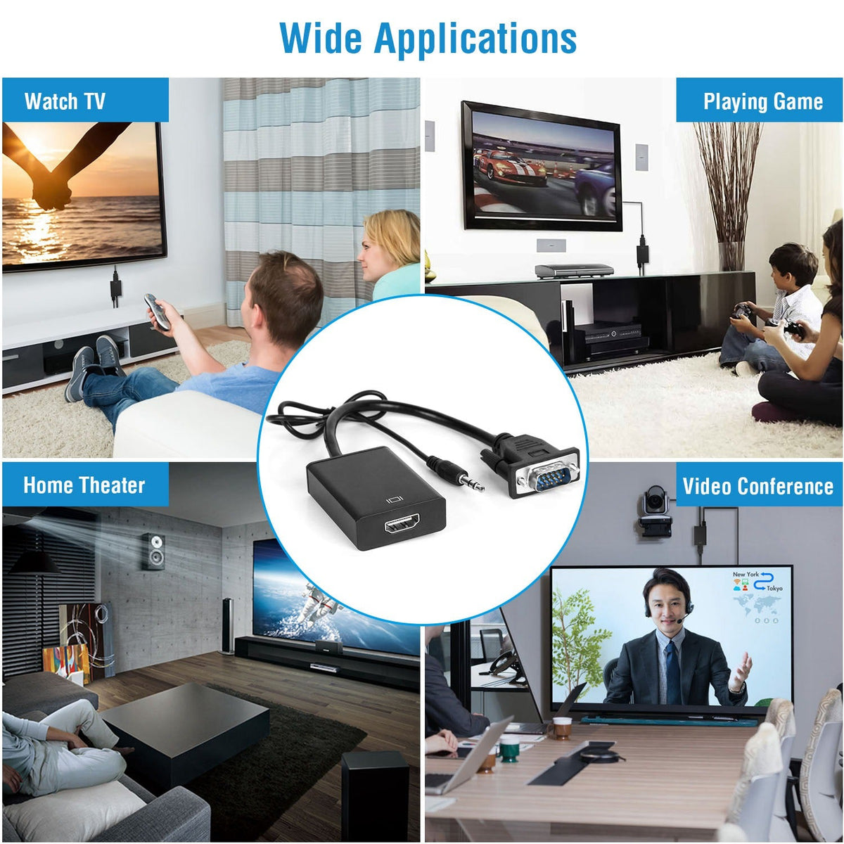 VGA to HD IN & HD OUT Converter Adapter HD 1080P Video Audio Cable Adapter w/ USB 3.5mm Plug For HDTV TV Projector Laptop