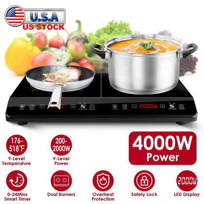 4000W Induction Cooktop Portable Double Induction Cooker Electric Dual Burner Stove Countertop Hot Plate with 9 Power 9 Temperature 0-3H Timer