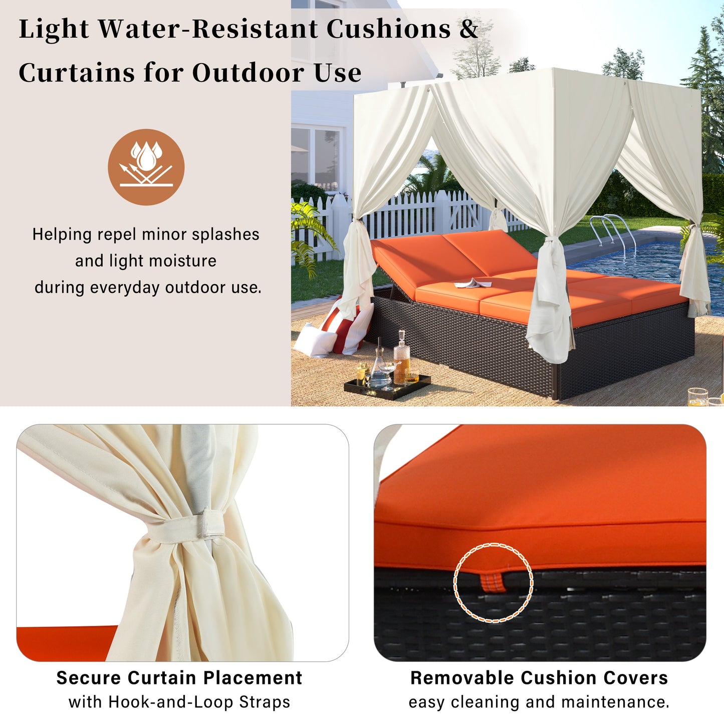U_STYLE Outdoor Double Chaise Lounge Daybed with Curtains