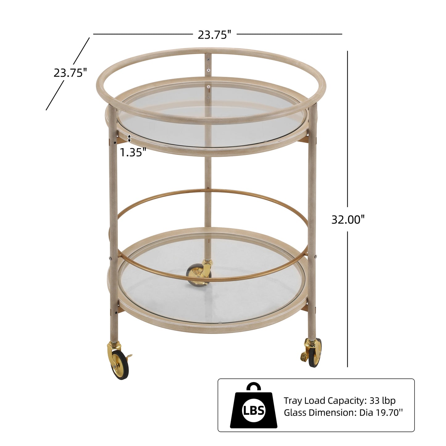 Round Bar Cart with Tempered Glass Shelves and Gold Accents