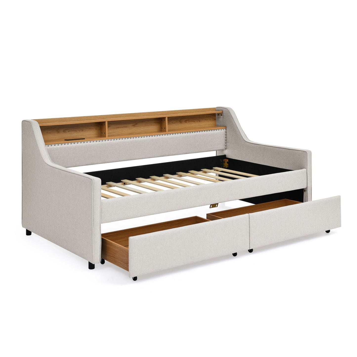 Twin Upholstered Sofa Bed With LED Lights, Storage Drawers, Adjustable Headboard & Wireless Charging - Beige