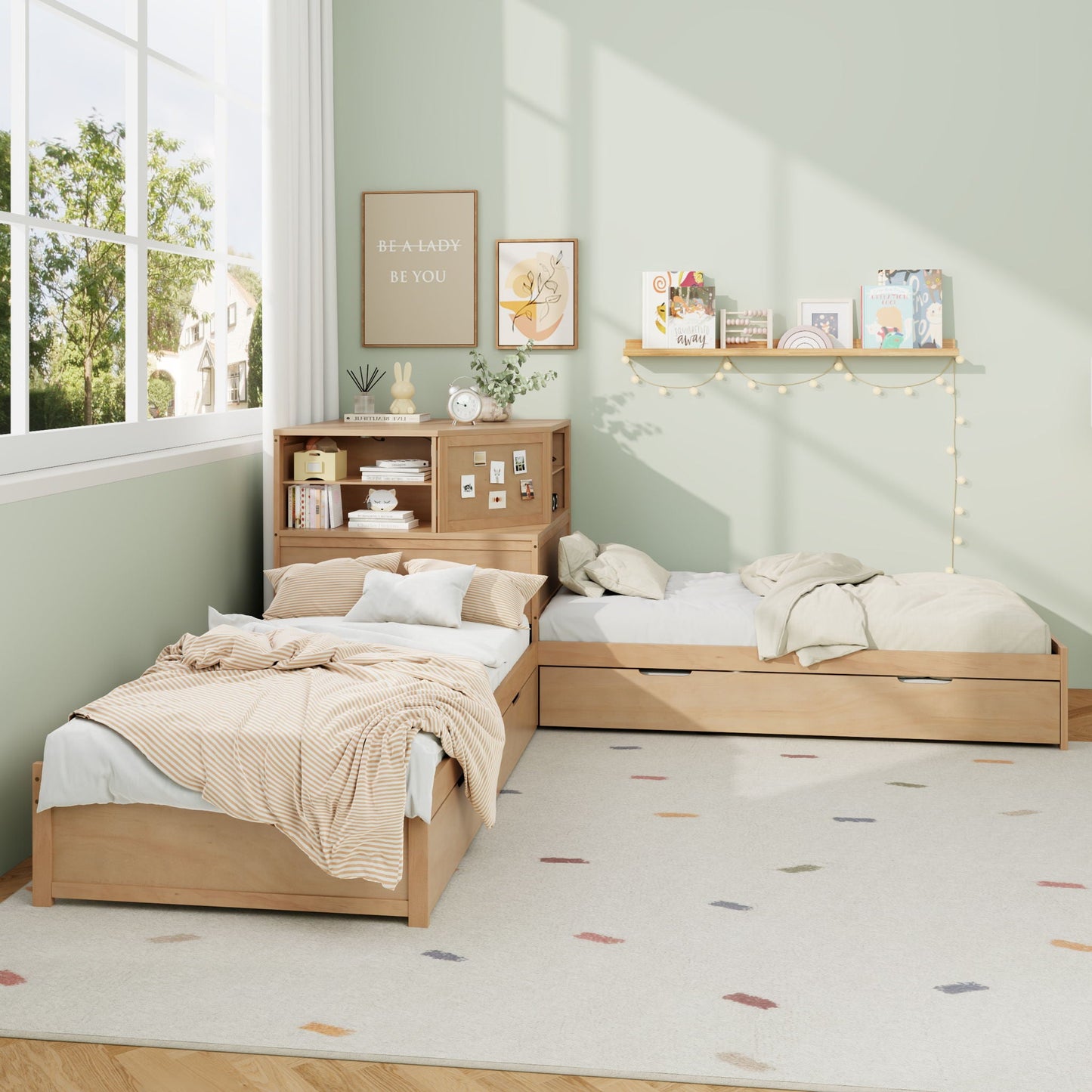 L-Shaped Bed Frame With Trundle, Built In Desk & LED Lighting
