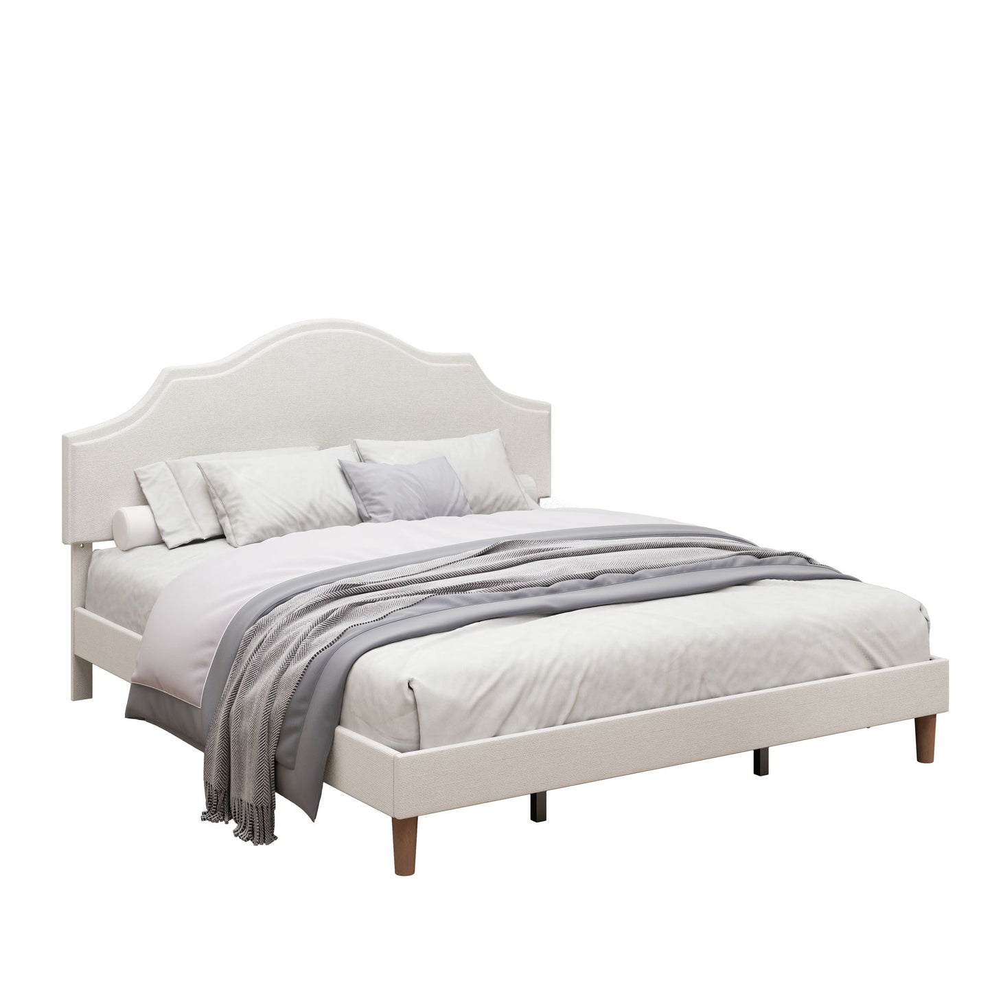 King Size, Upholstered Platform Bed Frame With Adjustable Headboard, No Box Spring Needed - White