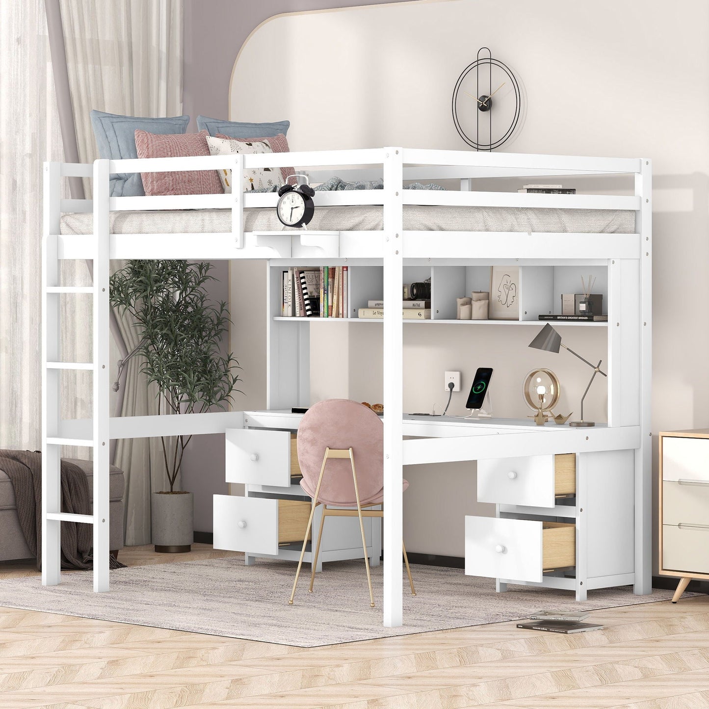 Loft Bed With Desk, Cabinets, Drawers, Charging Station And Bedside Tray