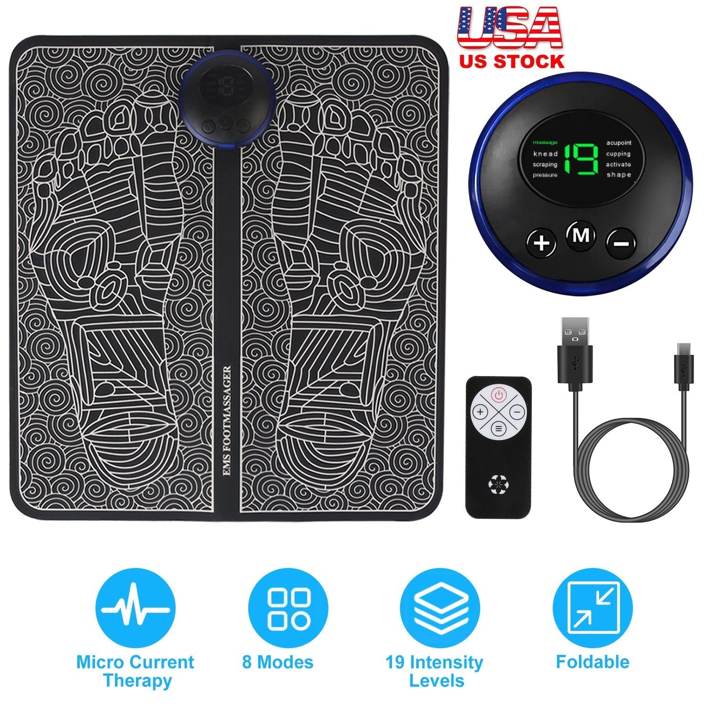 Foot Massage Pad Electric Stimulator Massager Unit Leg Reshaping Muscle Pain Relax Foldable Massage Mat with 8 Modes 19 Intensity Levels Remote Contro
