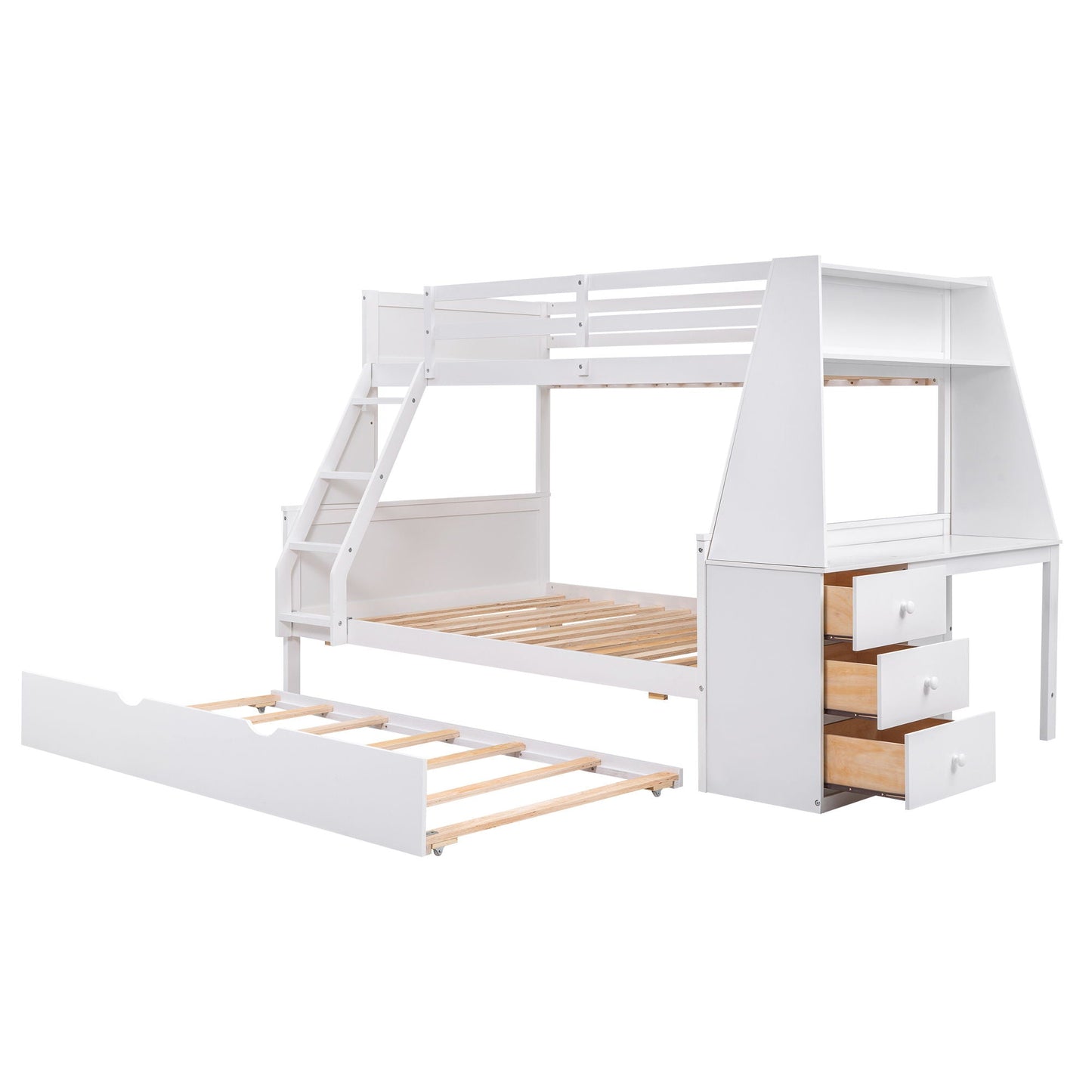 Bunk Bed With Trundle And Built In Desk, 3 Storage Drawers And Shelf