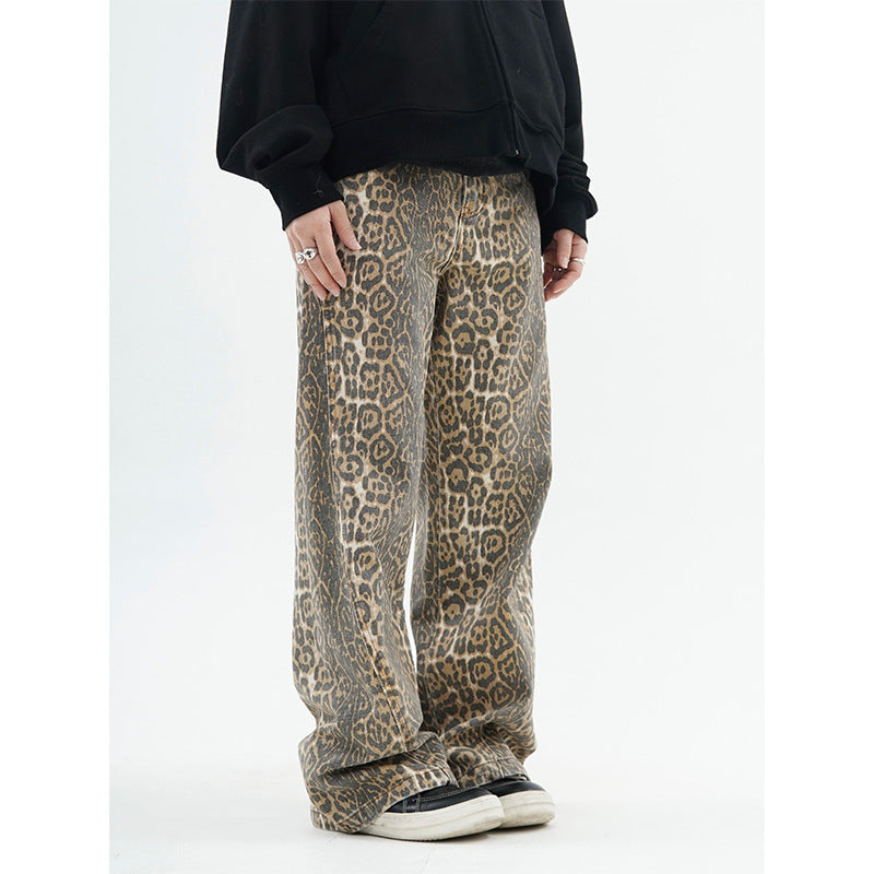 Vintage Leopard Print Jeans Straight Loose Men And Women
