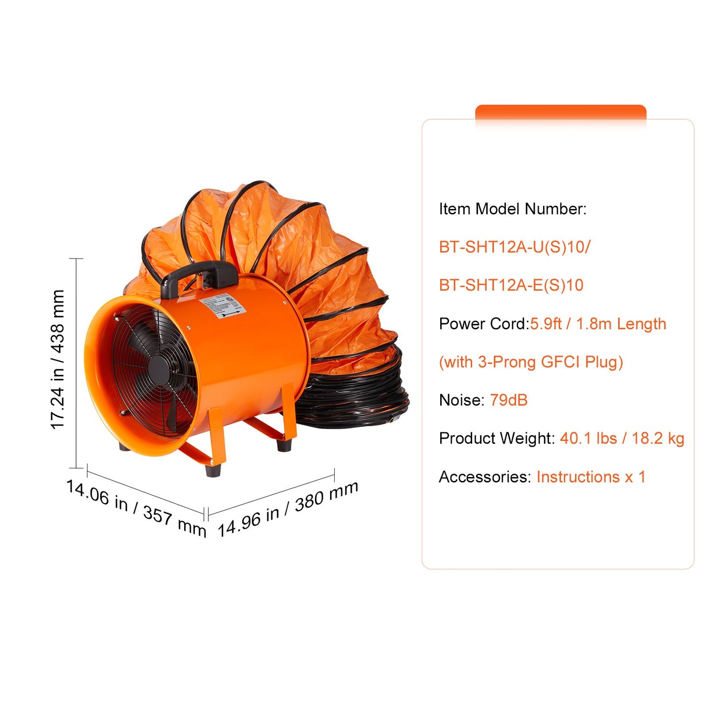Portable Ventilator, 12 Inch Heavy Duty Cylinder Fan with 33ft Duct Hose