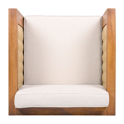 Outdoor Club Chair With Rope Arm And Cushions - Beige / Teak