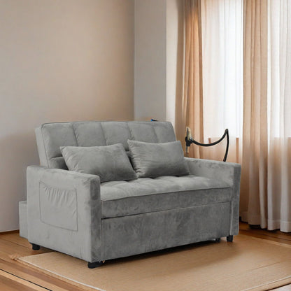 3 In 1 Convertible Sleeper Sofa Bed, Modern Fabric Futon Sofa Couch Pullout Bed, Adjustable Backrest With Three USB Ports, Two Side Pockets, Two Cup Holders And Swivel Phone Holder