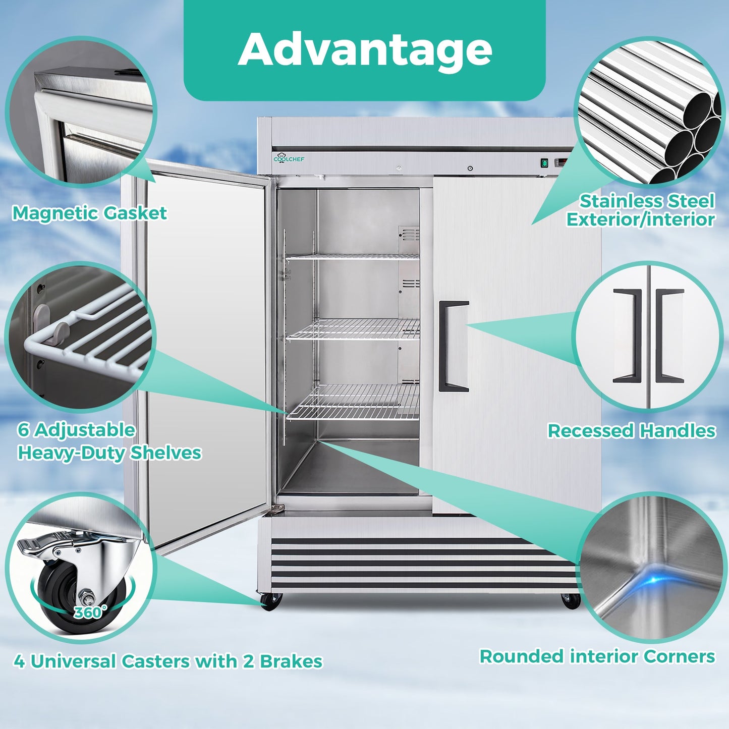 54" Commercial Refrigerator 49 Cu.Ft Stainless Steel 2 Door Reach-In Fridge