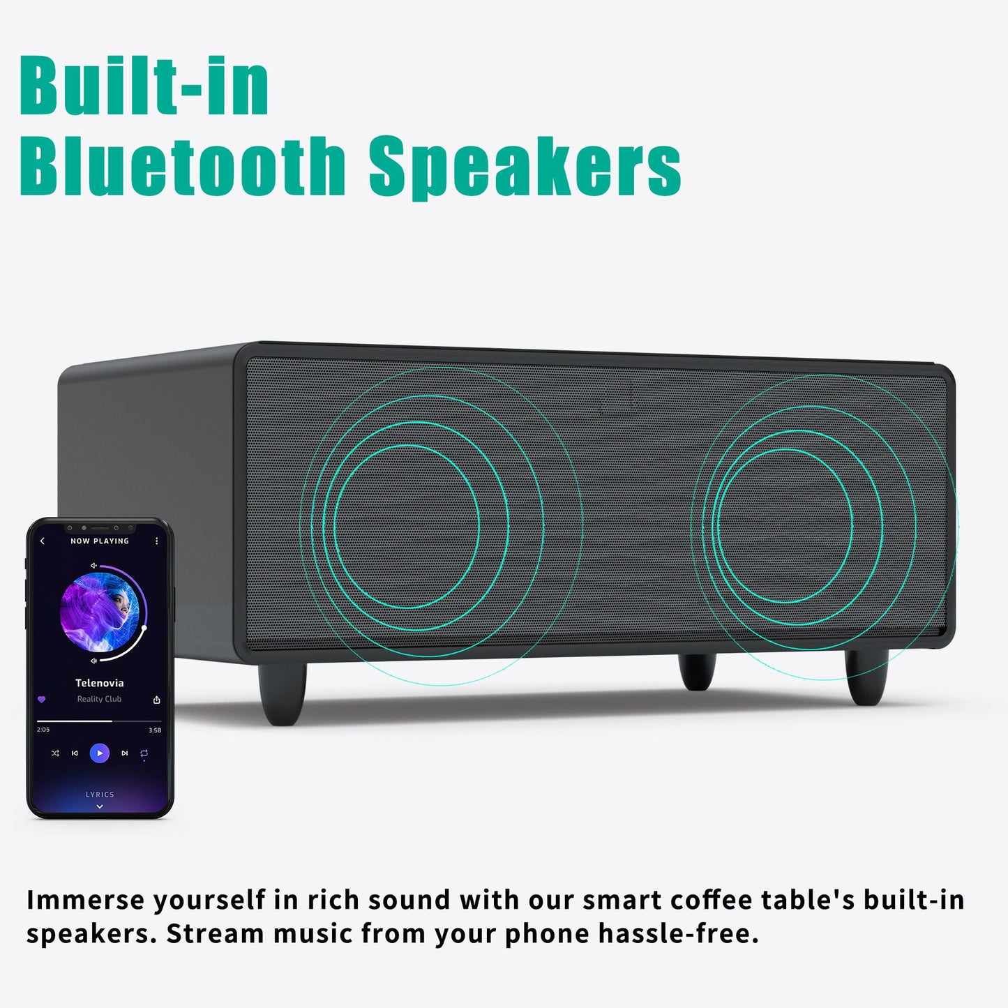 Modern Smart Coffee Table With Built-In Fridge - tooth Speaker, Wireless Charging, Touch Control Panel, USB Interface, Outlet Protection, Atmosphere Light
