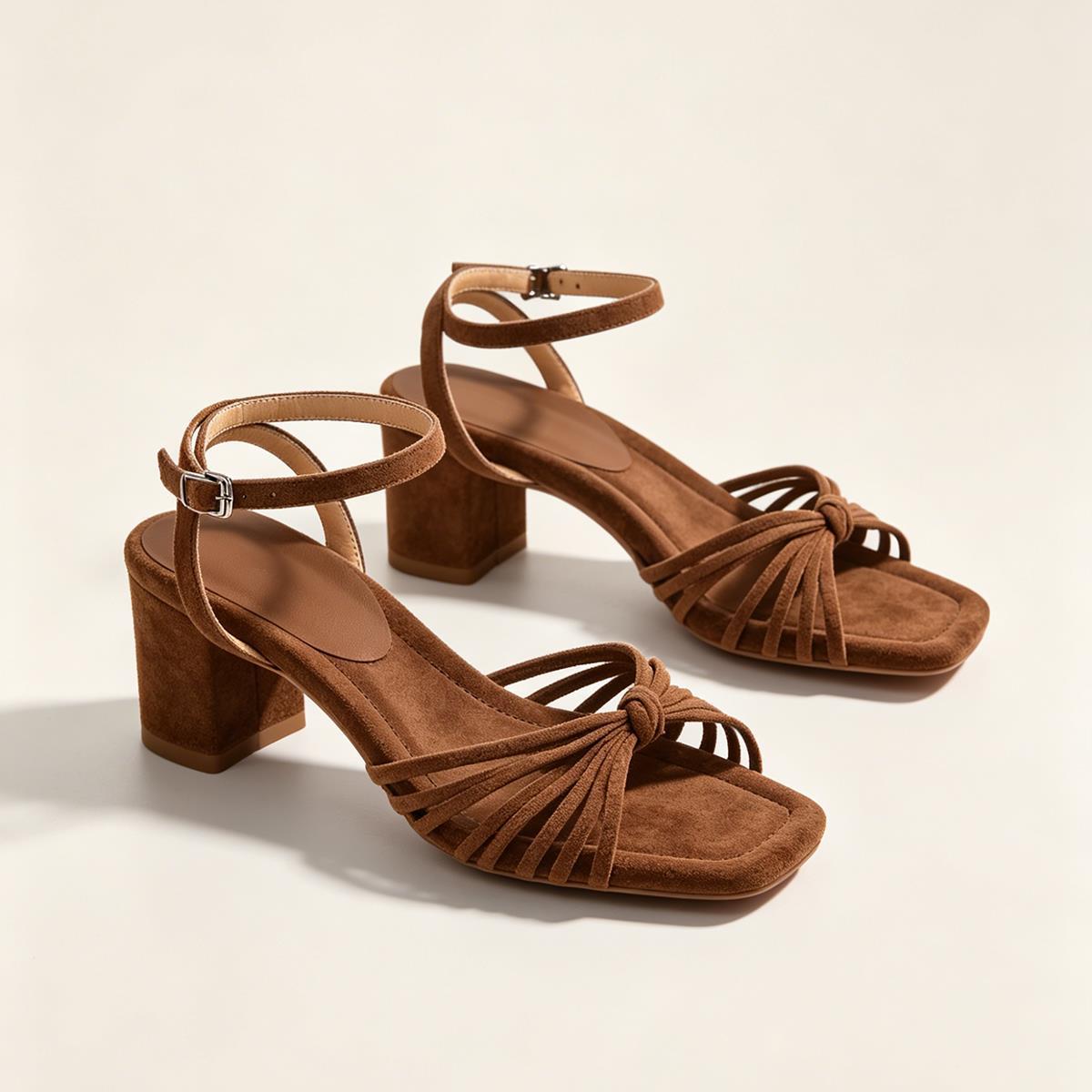 Matte-finish Chunky-heeled Strappy Roman Sandals With Thin Straps