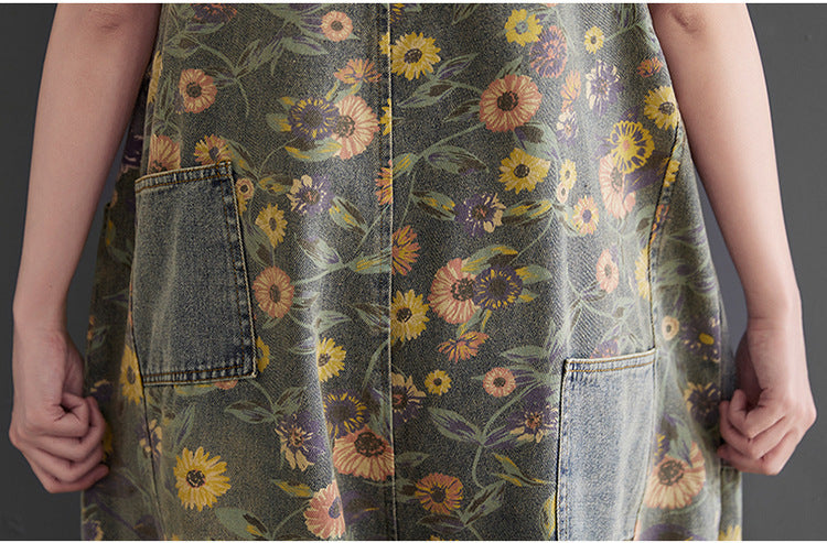 Women's Retro Nostalgic Print Ripped Denim Overalls