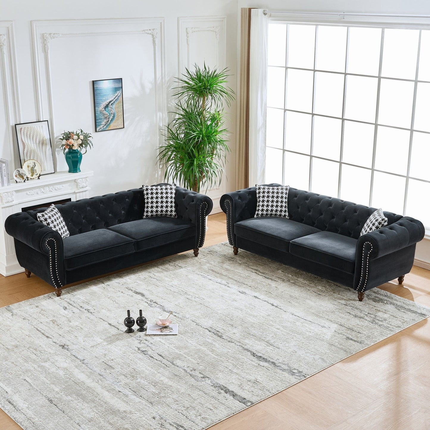 Chesterfield Upholstery Fabric Sofa With Roll Armrest & Nailhead, Mid Century Modern 3 And 3 Seater Couch