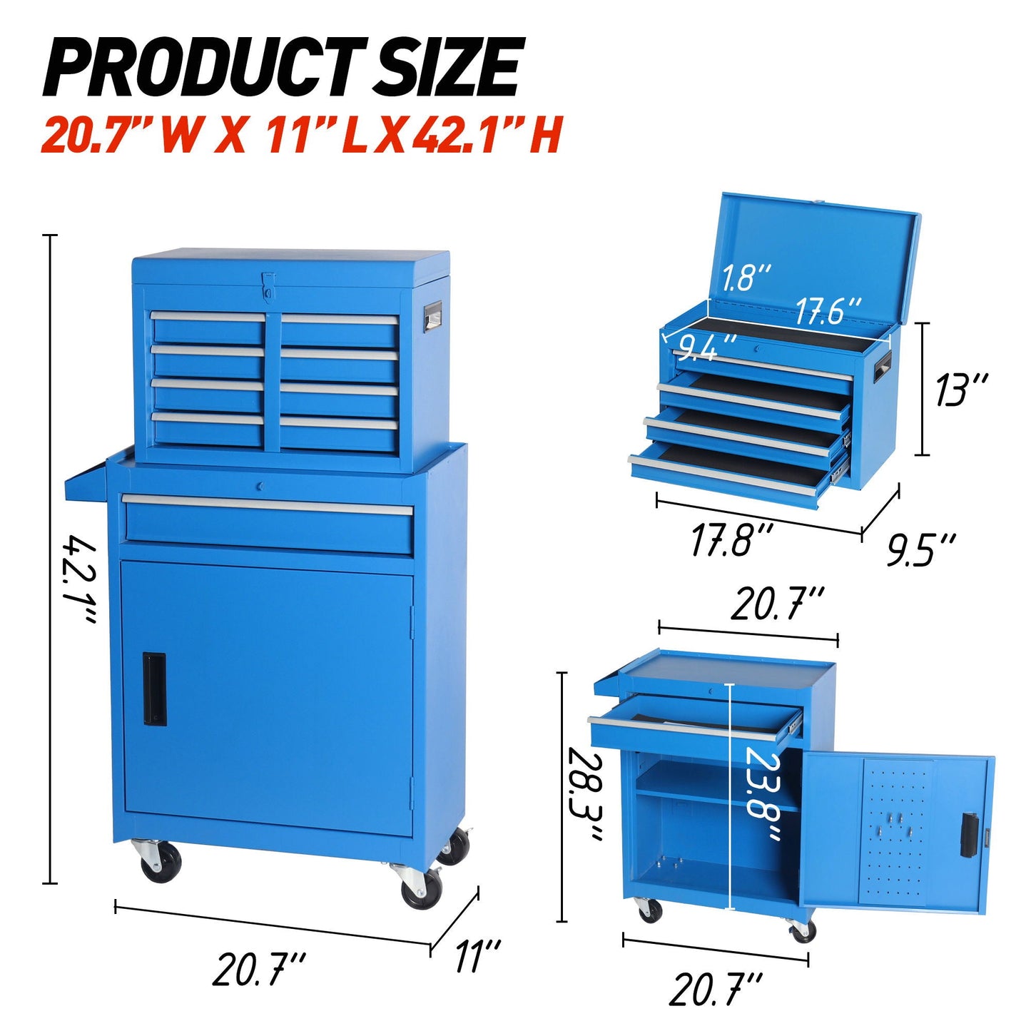 Tool Chest, 5 Drawer Rolling Tool Storage Cabinet With Detachable Top Tool Box, Liner, Universal Lockable Wheels, Adjustable Shelf, Locking Mechanism, Metal Tool Cart For Garage Workshop