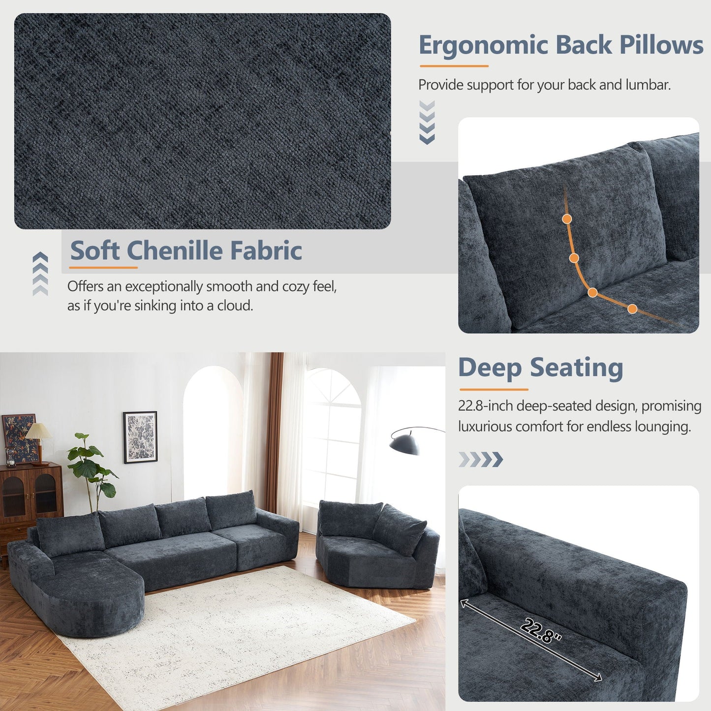 U-Shaped Oversized Modular Cloud Sectional Sofa With Deep Seat For Living Room
