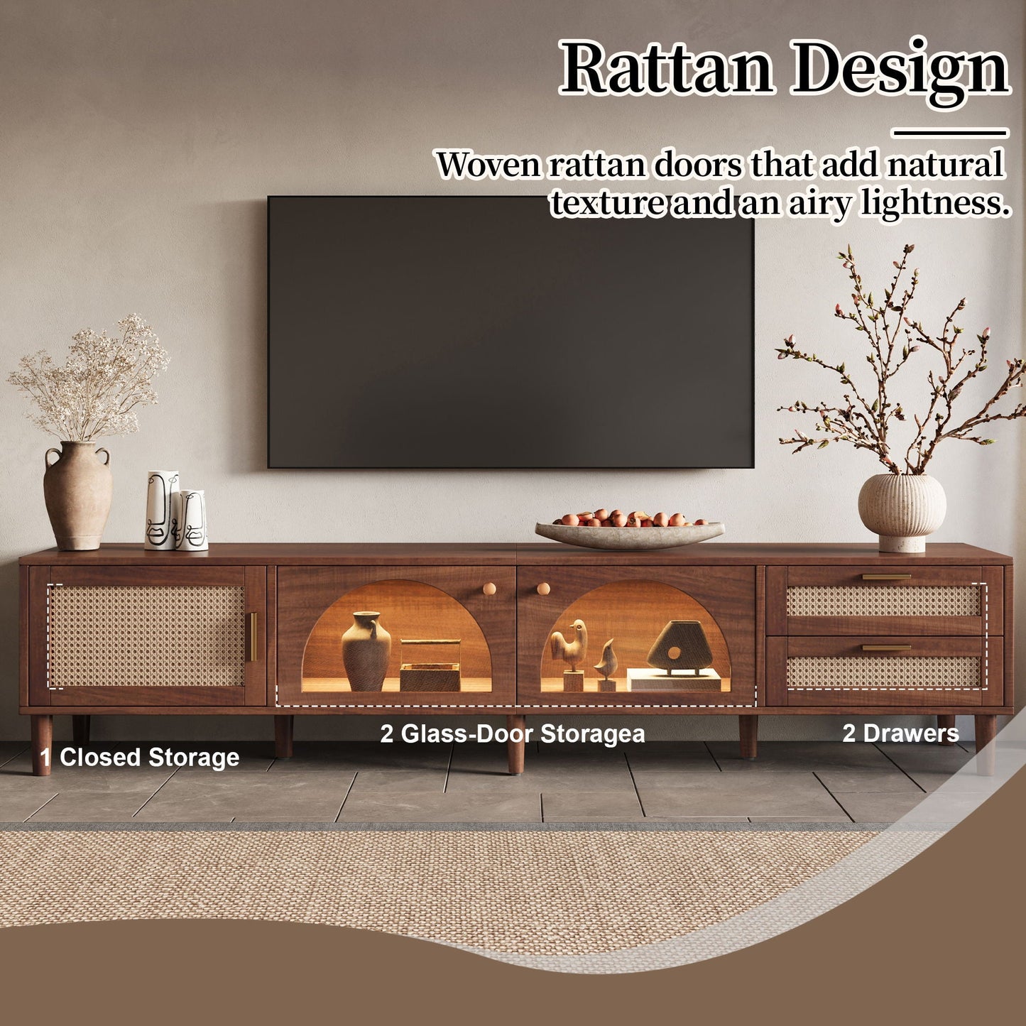 TV Stand For TVs Up To 90", Media Console With App Controlled LED Lights, 2 Drawers & Door Storage - Dark Brown
