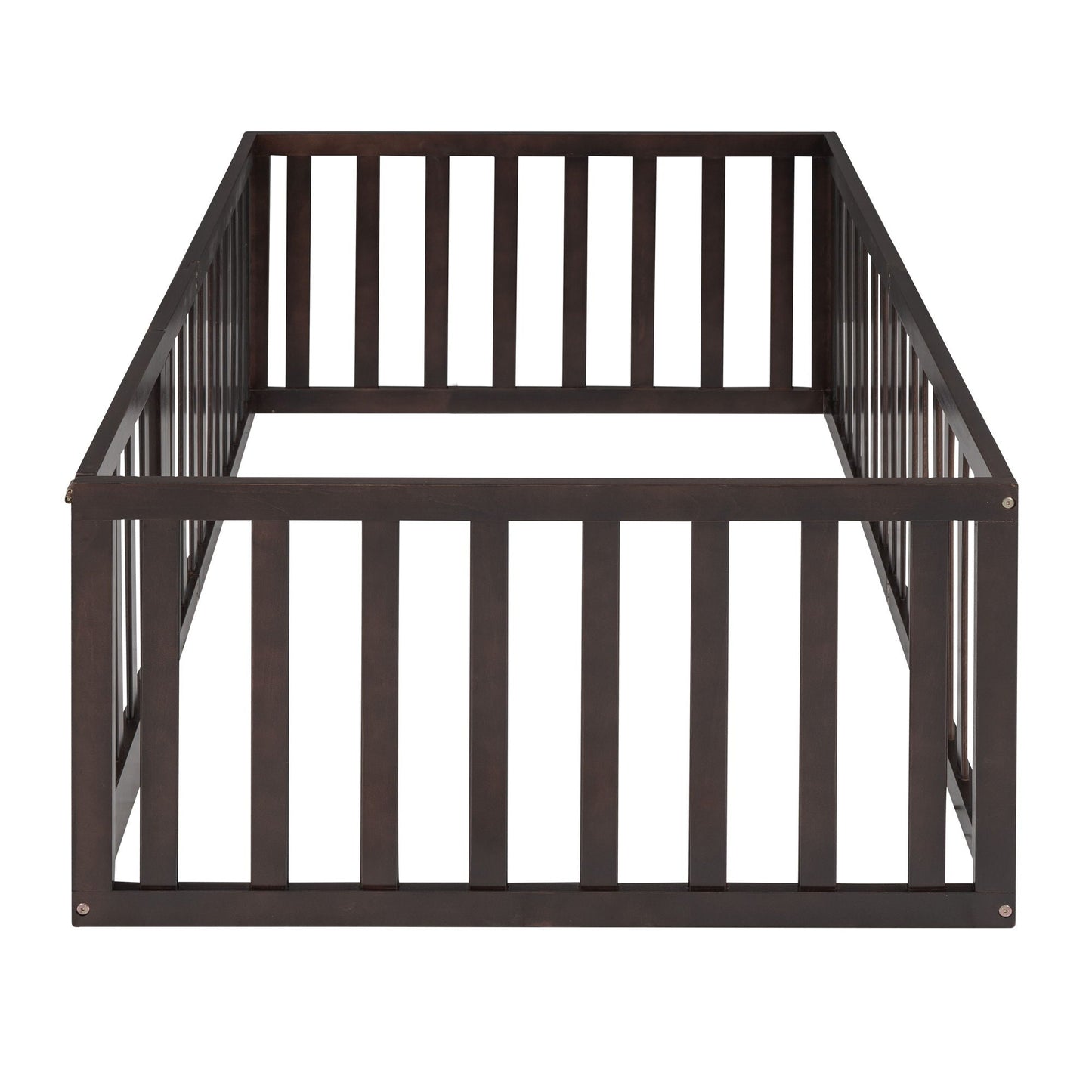 Twin Size Floor Bed Frame With Fence And Door - Walnut