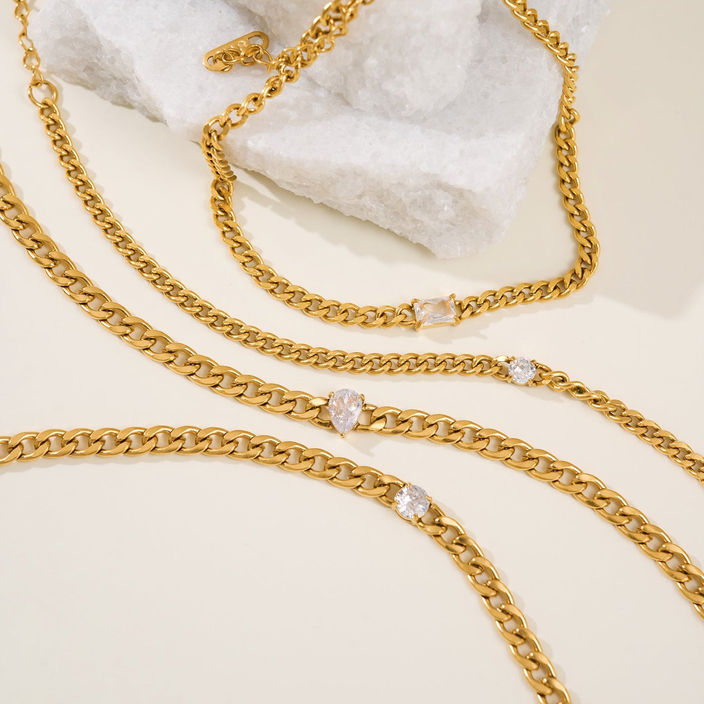 Fashion Titanium Steel Matte Chain Water Drop Zircon Bracelet Set