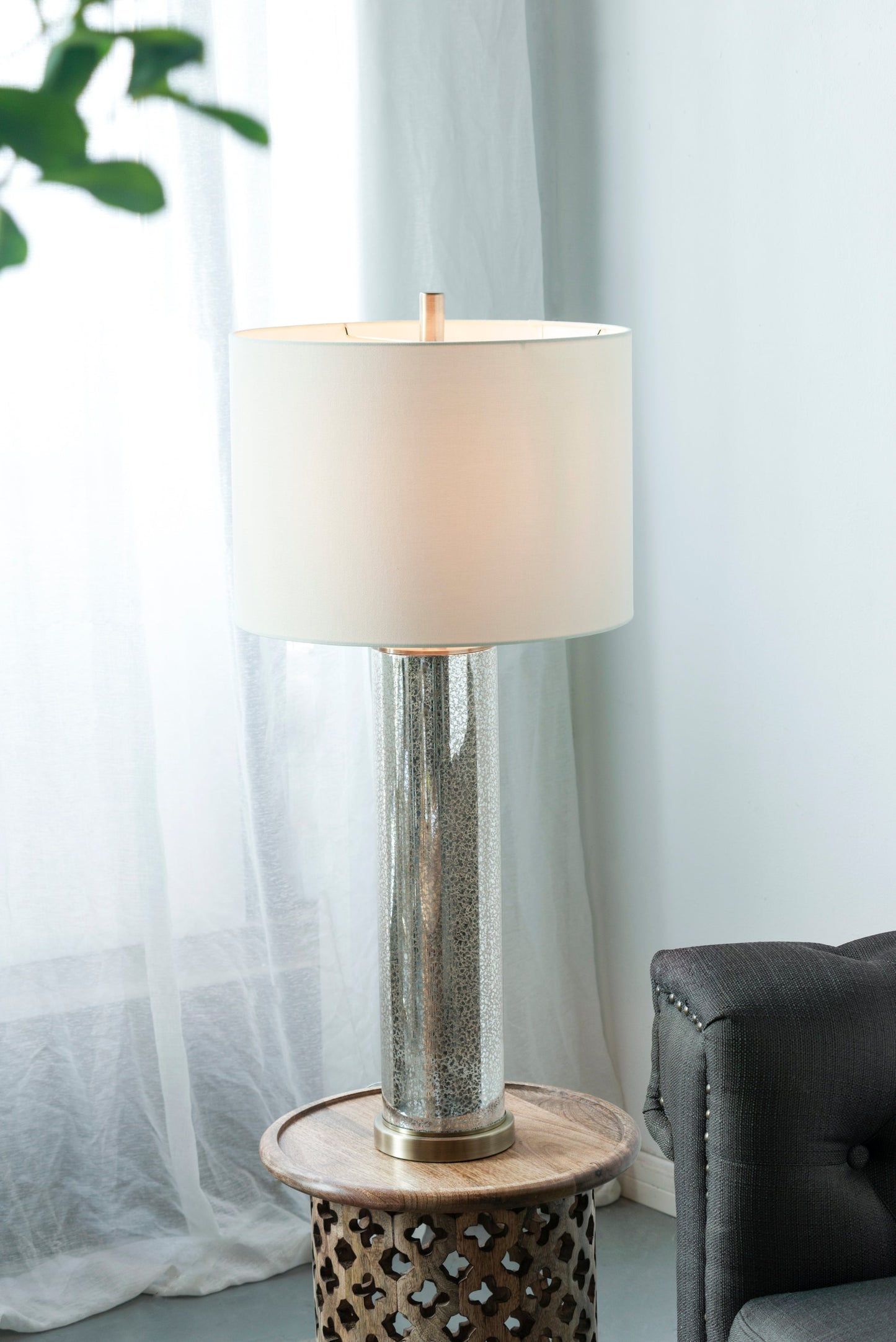 16x16x35 Gold Mirrored Glass Table Lamp with White Fabric Shade
